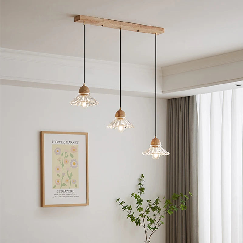 Modern Nordic Japanese LED wood and glass chandelier
