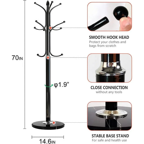 Metal Coat Rack Stand with Natural Marble Base, Free Standing Hall Tree with 12 Hooks for Hanging Scarf, Bag, Jacket - vue 7 sur 9
