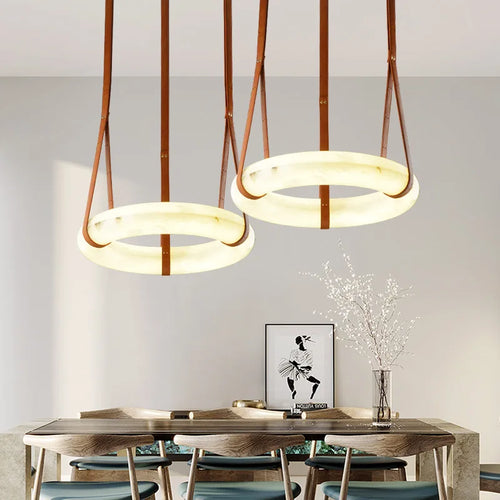 Luxury minimalist LED chandelier in copper and natural marble - vue 2 sur 12