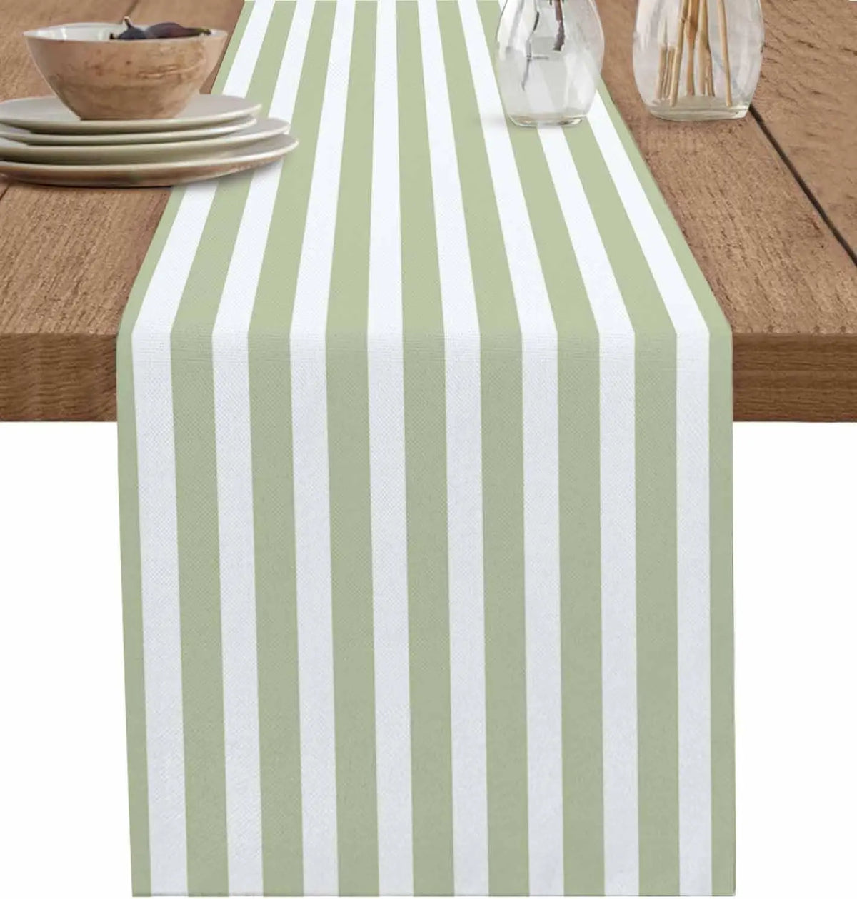 Sage green striped table runner country style