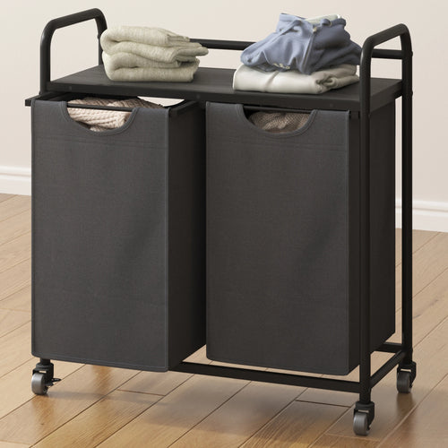Laundry Basket, 2 Compartments, 2 x 46L, Laundry Hamper with 1 Shelf, Laundry Sorter, Laundry Bag, Extendable and Removable, Per - vue 5 sur 9