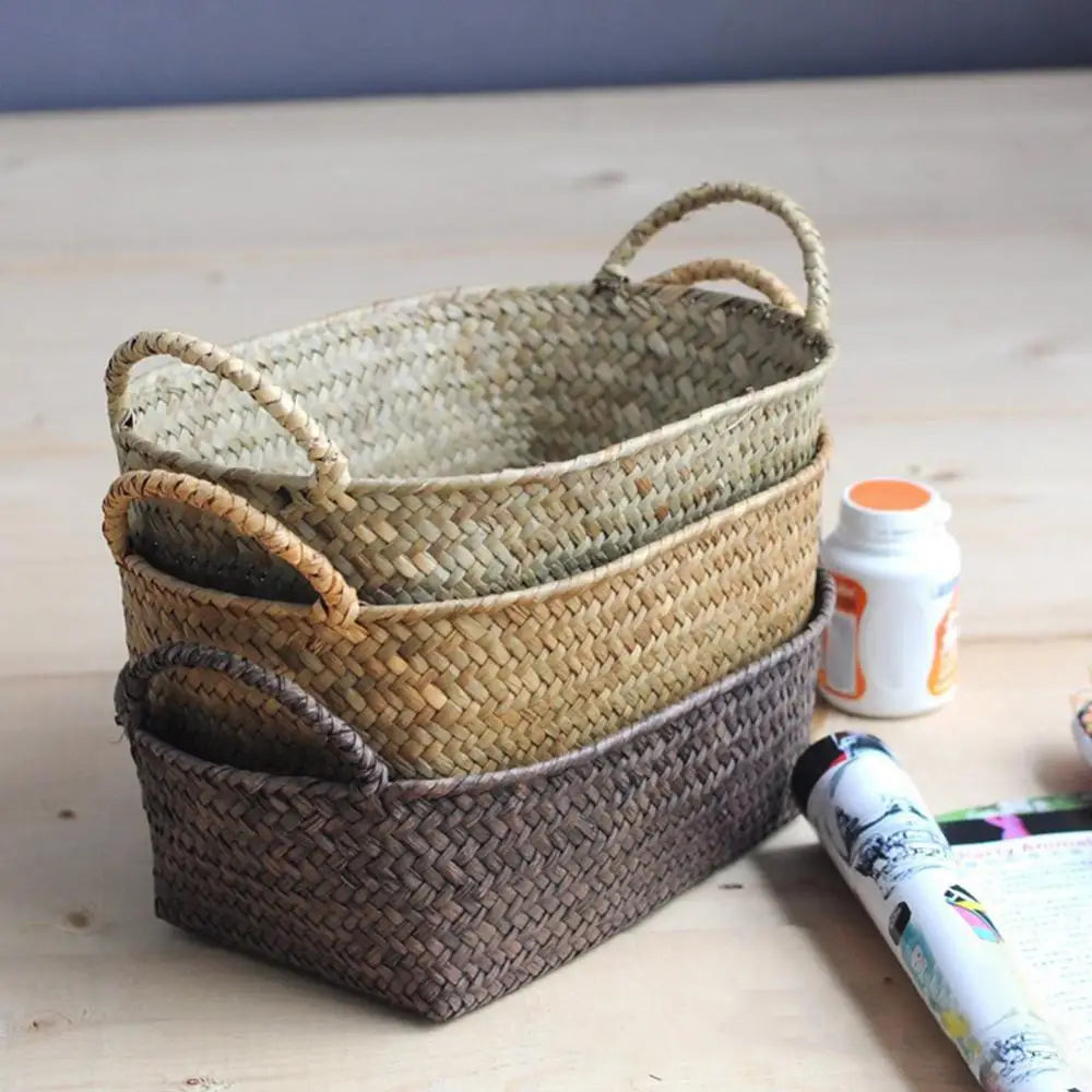 Rattan and woven straw storage baskets for plants and various items