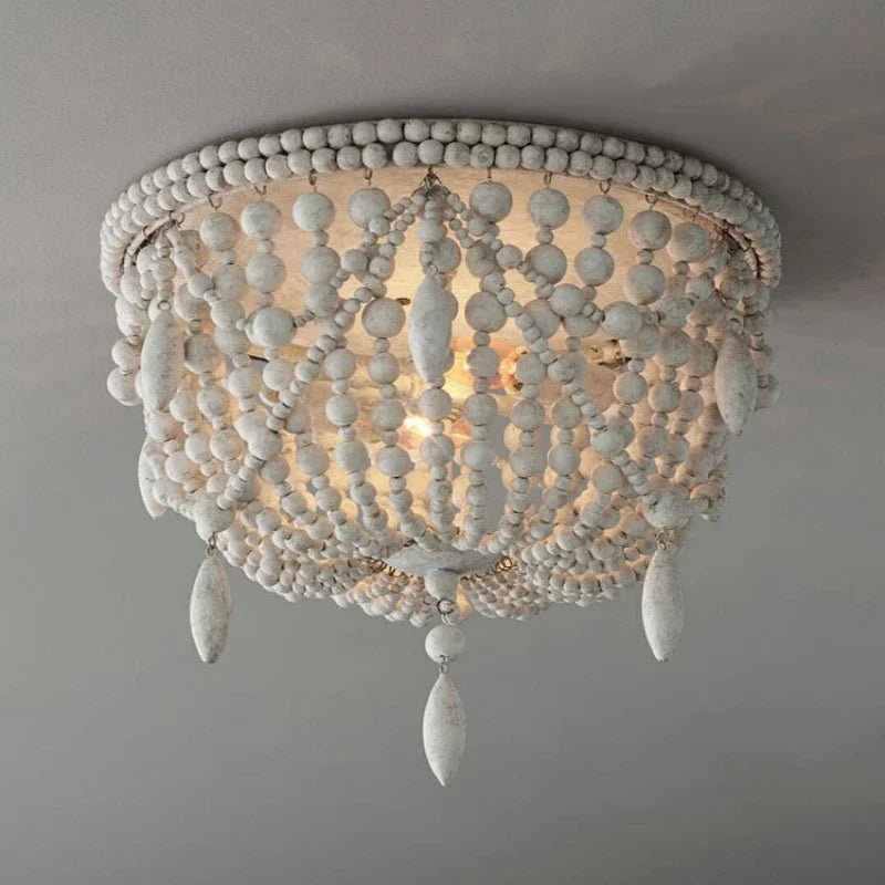 French Style Retro Pendant Lights For Living Room Bedroom Children'S Room Princess White Wood Bead Decorative Indoor Lighting