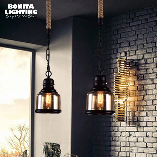 Retro industrial pendant with amber glass and hemp rope - vue 4 sur 6