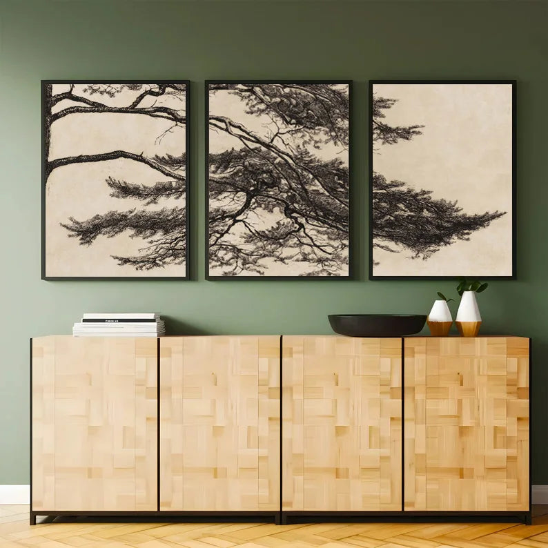 Vintage pine branch triptych wall art home decor