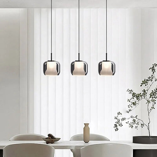 Modern smoked glass three-head LED pendant light - vue 3 sur 11