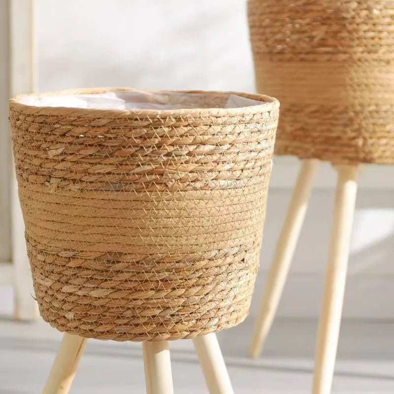 Woven wooden pot for flowers and decorative indoor storage