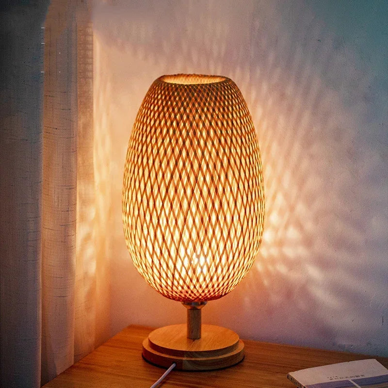 Handcrafted vintage bamboo desk lamp in natural wood