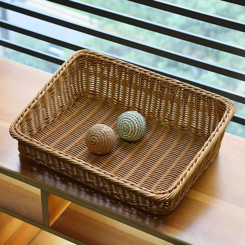 rattan serving tray woven basket with handles for storage - vue 5 sur 11