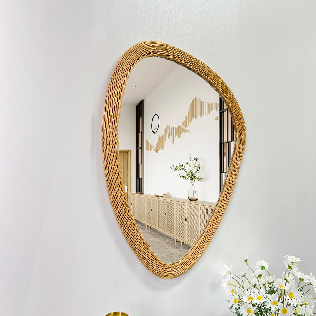 Handmade rattan bohemian woven mirror artisan home decor - vue 3 sur 6