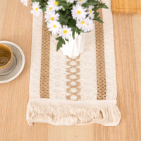 Boho geometric beige table runner with tassels