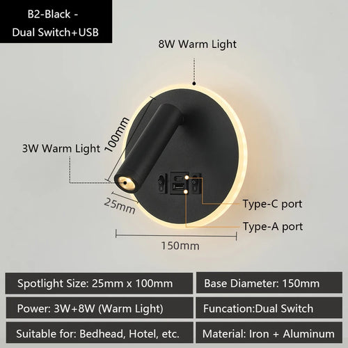 Modern wall light with USB ports and adjustable reading lamps - vue 9 sur 16