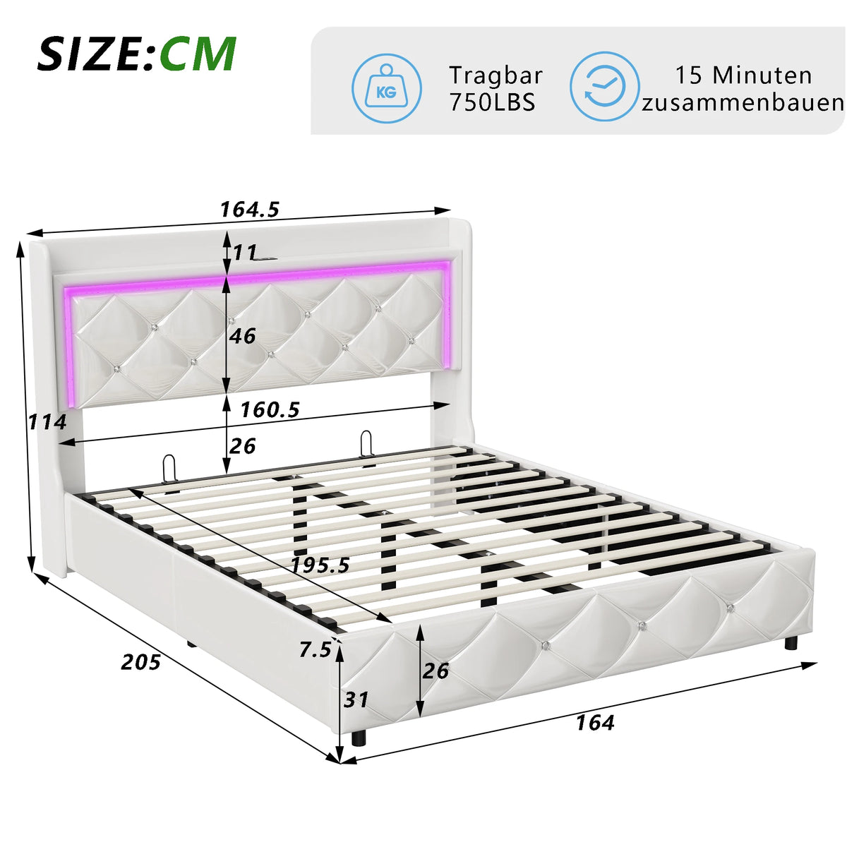 Upholstered Bed with LED Light, Charging Function, Air Pressure Metal Frame and Wooden Slatted Frame, PU, ​​Without Mattress - vue 2 sur 6