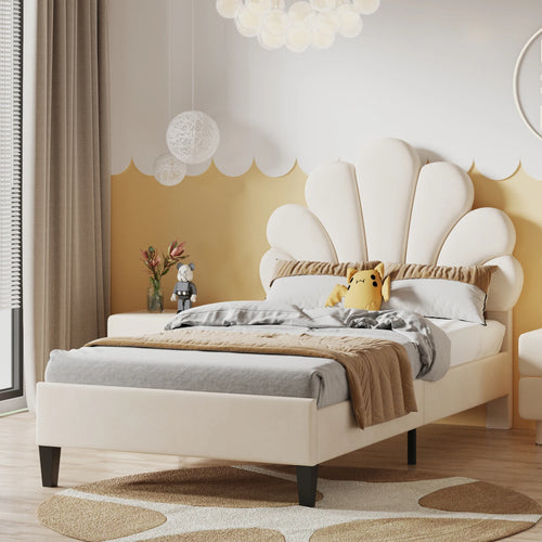Youth Bed, Upholstered Bed, Skin-friendly Velvet Fabric, With Solid Flower-shaped Headboard and Slatted Frame, 90 x 200 cm - vue 3 sur 8