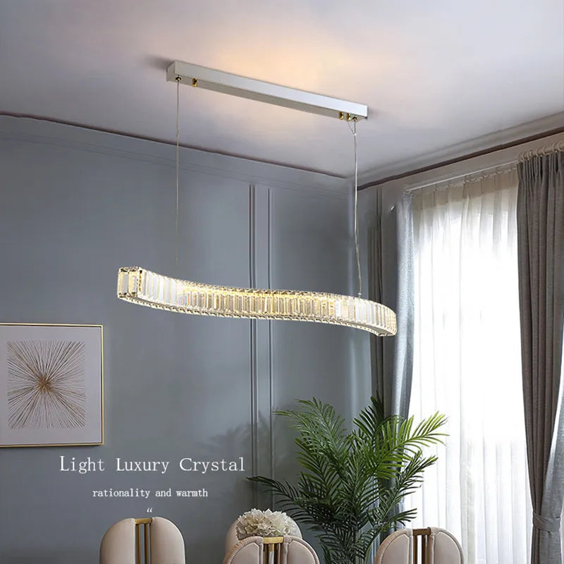 Modern steel chandelier with crystals and suspended LED lights - vue 3 sur 8