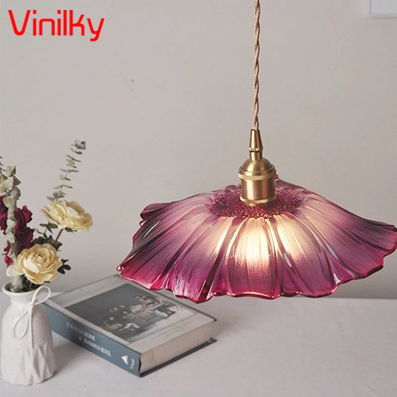 Minimalist nordic pendant light japanese style brass glass flower lamp - vue 4 sur 13