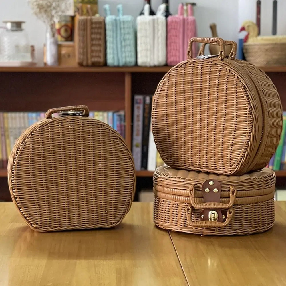 practical and durable round wicker picnic suitcase