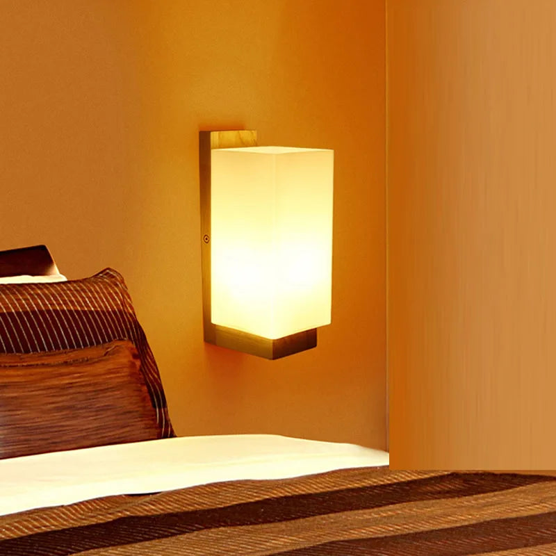 Modern wooden wall light with night light and frosted shade - vue 3 sur 7