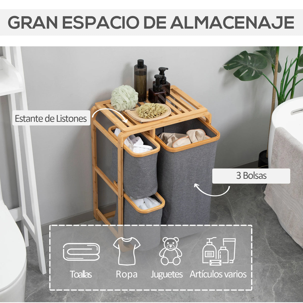 HOMCOM bamboo laundry hamper 3 removable fabric bags 50x32x69.7 cm - vue 4 sur 7