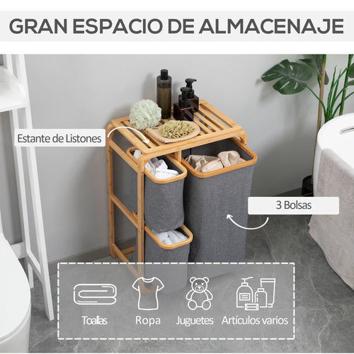 HOMCOM bamboo laundry hamper 3 removable fabric bags 50x32x69.7 cm - vue 5 sur 7