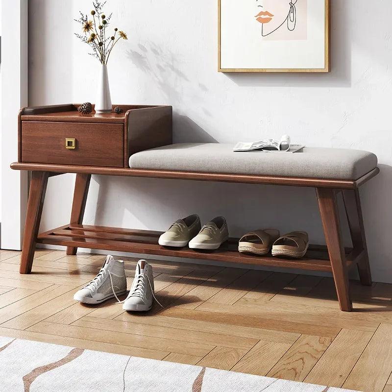 wooden shoe cabinet with drawers and built-in bench - vue 7 sur 7