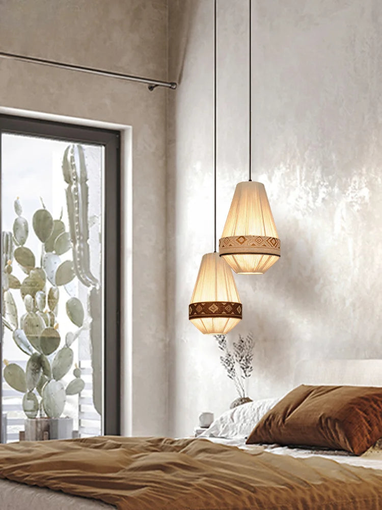 Bohemian woven fabric chandelier with cotton and linen rope