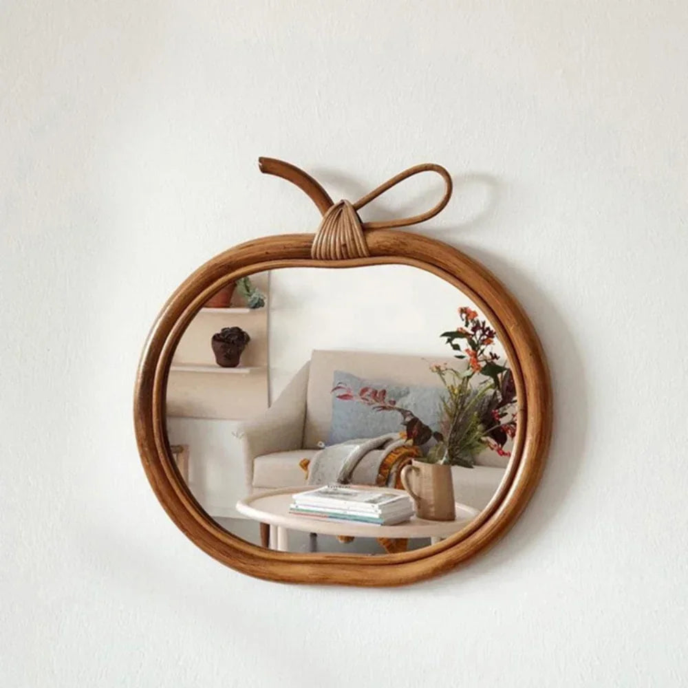 Decorative vintage apple-shaped round natural rattan mirror