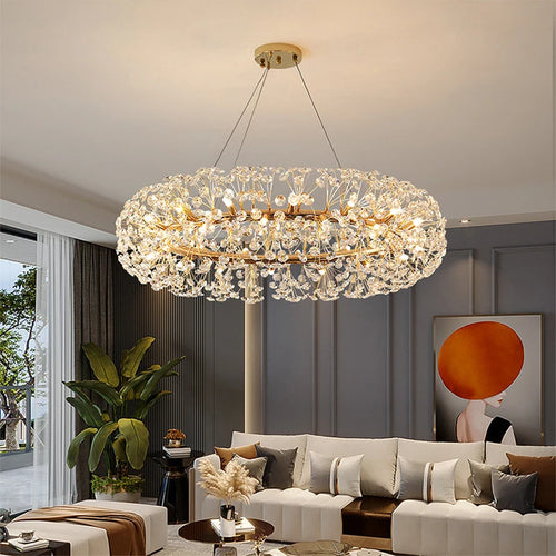 Elegant and bright crystal dandelion round LED chandelier - vue 2 sur 12