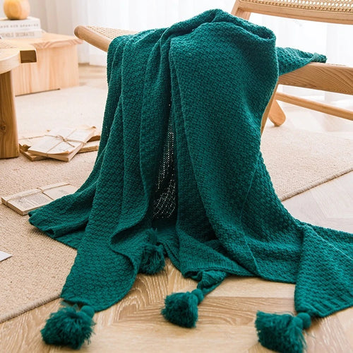 Plaid grosse maille gaufrée style nordique avec pompons - vue 8 sur 7