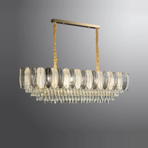 Art deco inspired LED crystal chandelier with white and grey feathers - vue 3 sur 17