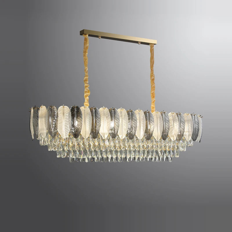 Art deco inspired LED crystal chandelier with white and grey feathers