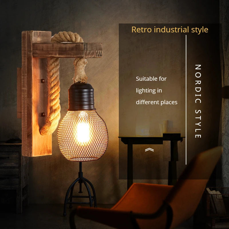 Vintage industrial loft wooden wall light with hemp rope - vue 3 sur 17