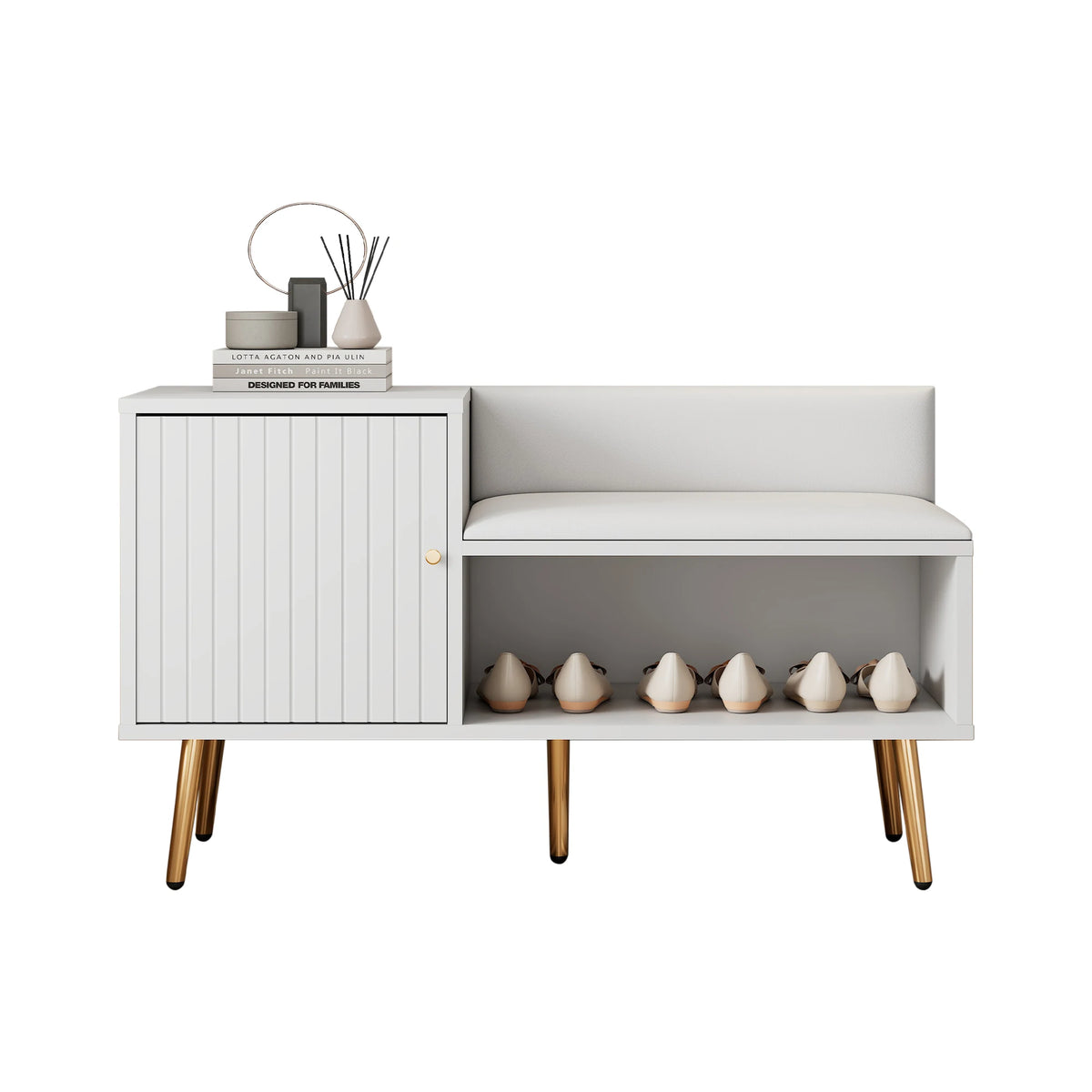 Modern luxury shoe chest in white with storage, upholstered bench and backrest shoe rack with metal handles and Meta - vue 4 sur 6