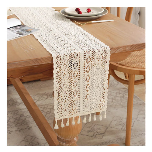 Vintage crochet lace table runner with tassels