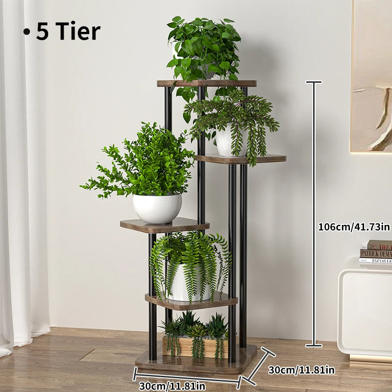 multi-tiered wooden plant and flower stand