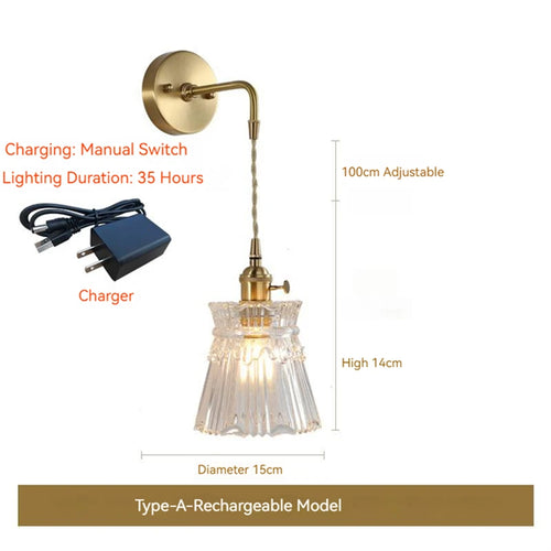 Scandinavian glass and brass LED wall light with battery switch - vue 12 sur 23