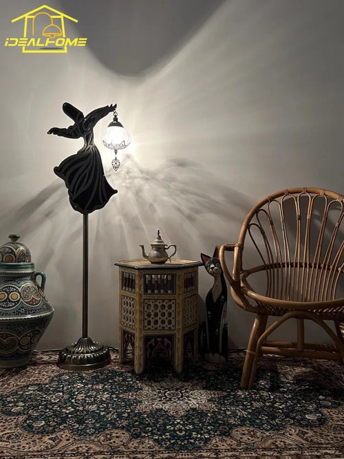 Exotic bowl floor lamp with zen monk dancer - vue 3 sur 5
