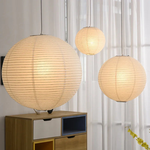 Nordic wabi sabi round rice paper LED pendant light - vue 6 sur 15