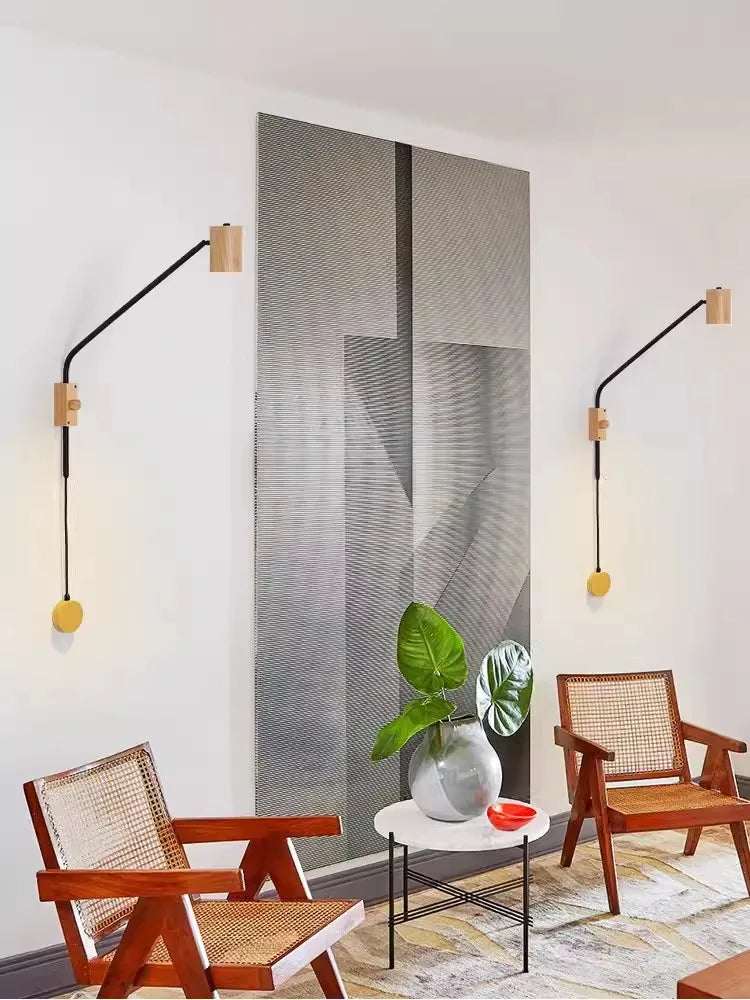 Vintage wooden swing arm wall light for hotel or café - vue 6 sur 8