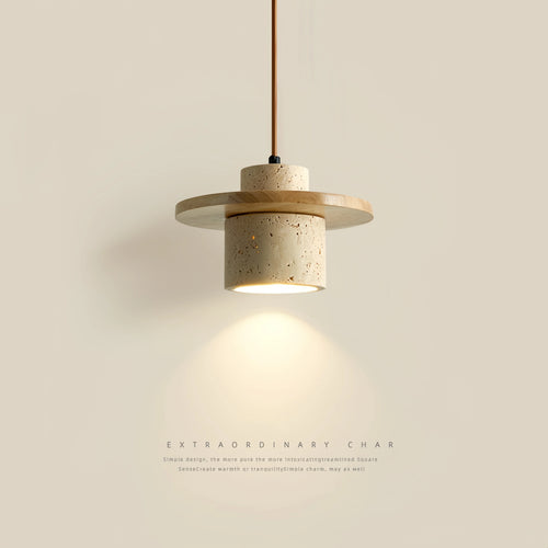 Japanese minimalist style LED pendant light in walnut and travertine - vue 2 sur 13