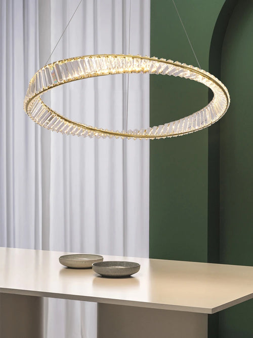 lustre décoratif circulaire en cristal et acier inoxydable - vue 4 sur 7