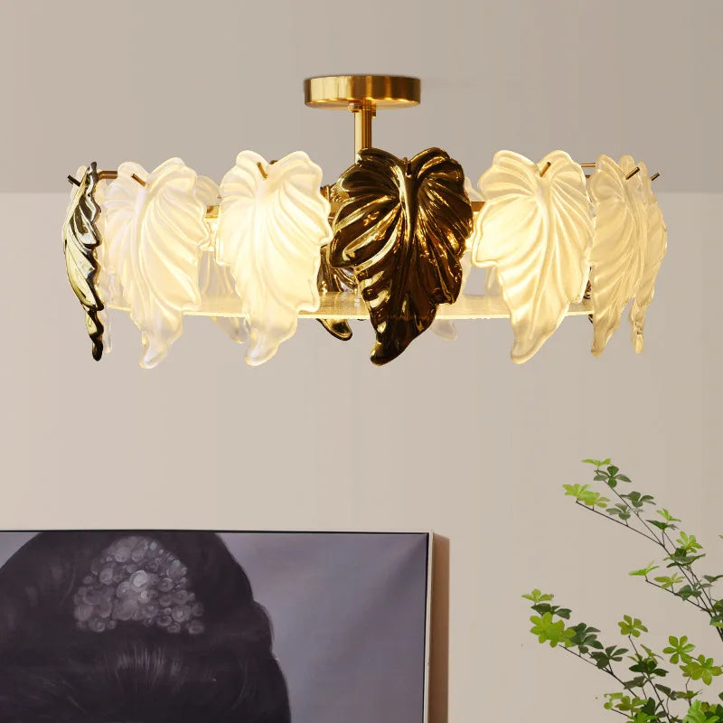 French vintage-style glass leaves LED ceiling light - vue 3 sur 9