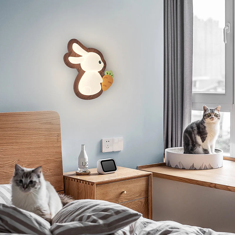 Japanese wabi-sabi bedside lamp with wooden base and rabbit illustration for children