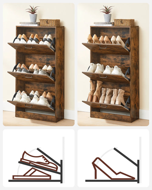 VASAGLE 3-Leaf Shoe Cabinet, 3-Tier Storage Cupboard, Rustic Brown - vue 6 sur 7