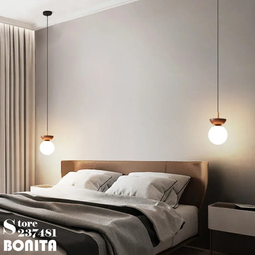 Round glass and Japanese walnut wood pendant light - vue 7 sur 10