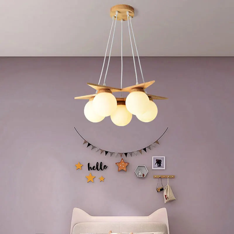 Nordic wood chandelier with white glass ball