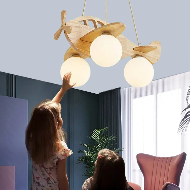 Handmade modern wooden ceiling light for children’s room, airplane decor