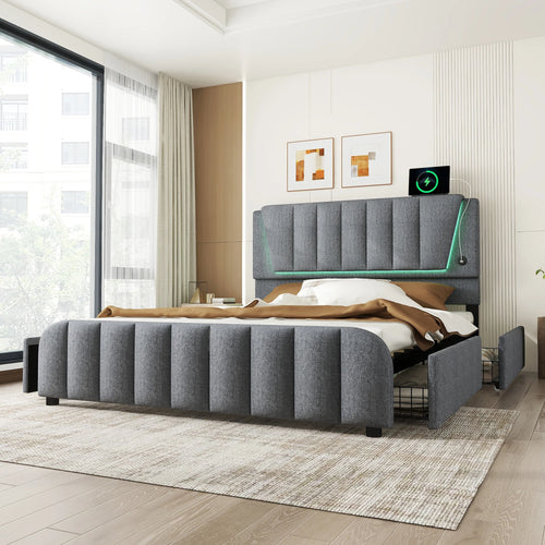 Upholstery bed, 160x200cm, bed with slatted frame (without mattress), remote control room light, bed with four drawers, adjustable - vue 4 sur 4