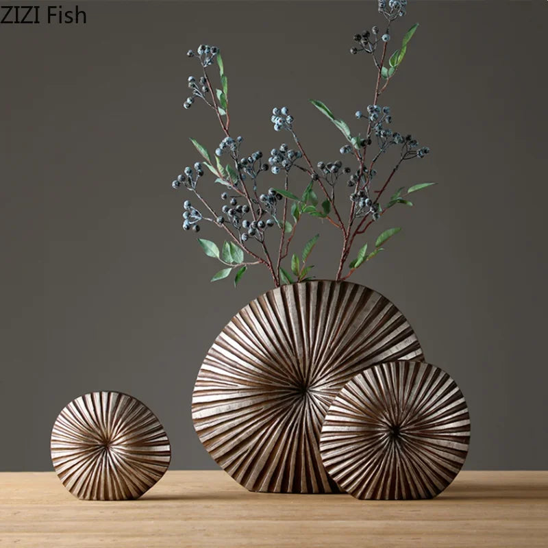modern floral resin vase with wooden stripes