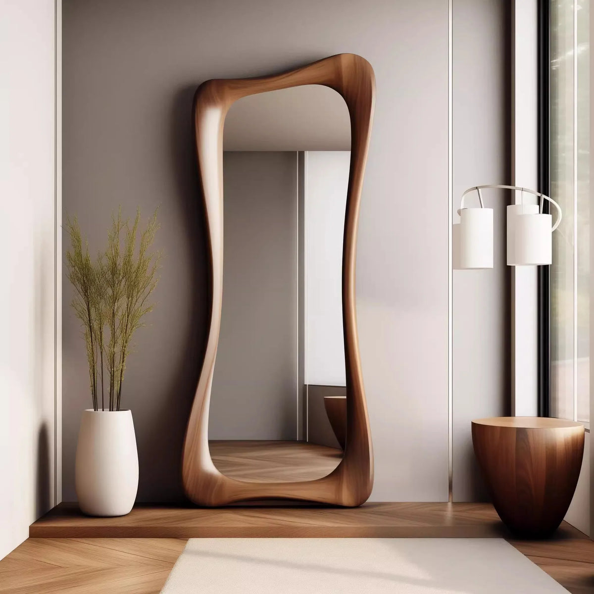 French decorative mirror in walnut wood, luxury retro style - vue 4 sur 5